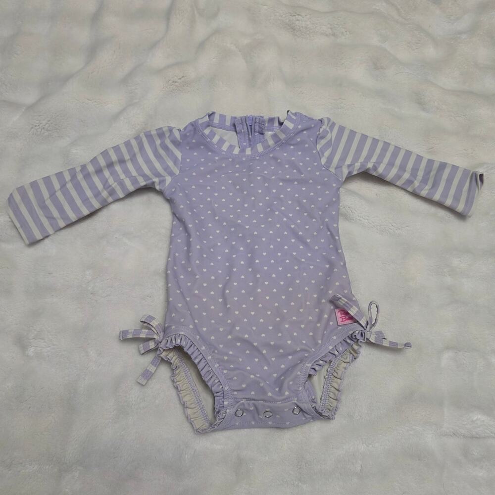 RuffleButts Baby Girl Lavender Heart Long Sleeve Rashguard Swim Ruffle One Piece